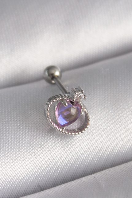 Bouquet Bouqtique 316L Çelik Gümüş Renk Mor Mineli Kalp Zirkon Taş Detay Tragus Piercing BQT35PR1273