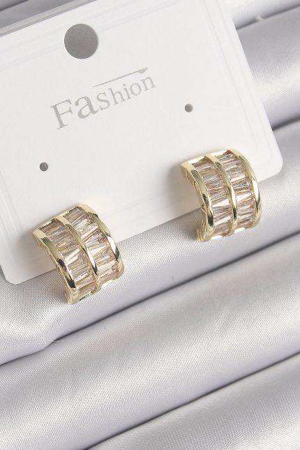 Bouquet Bouqtique Pirinç Gold Renk Çift Sıra Zirkon Taşlı Kadın Küpe BQT35BKP9756