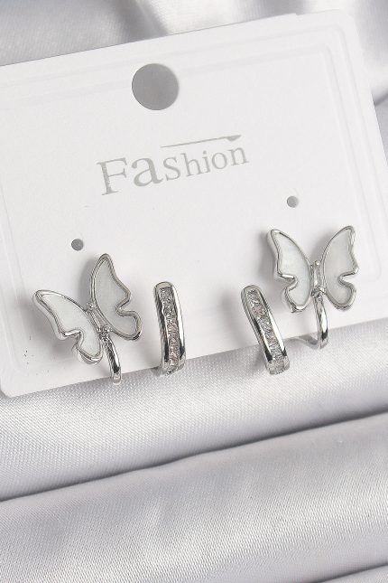 Bouquet Bouqtique Pirinç Gümüş Renk Zirkon Taş Detaylı Beyaz Sedefli Kelebek Model Kadın Küpe BQT35BKP9869