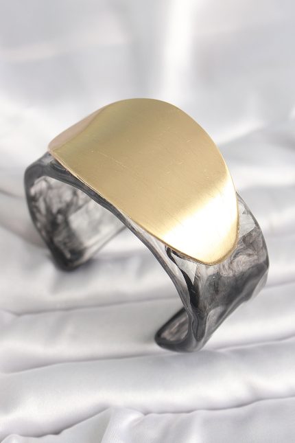 Bouquet Bouqtique Siyah Mermer Desen Akrilik Plastik Gold Oval Plaka Model Vintage Kadın Bilezik BQT35BB6683