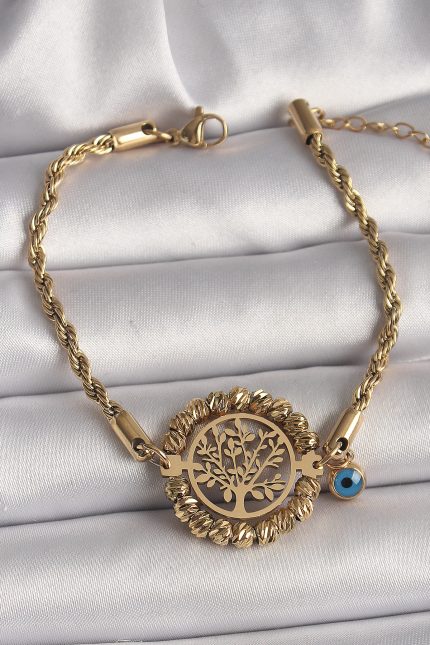Bouquet Bouqtique 316L Çelik Gold Renk Burgu Zincir Model Dorika Yaşam Ağacı Figür Nazar Boncuk Detay Kadın Bileklik BQT35BB6784