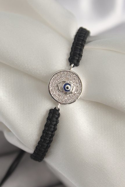 Bouquet Bouqtique Pirinç Gümüş Renk Zirkon Taşlı Nazar Boncuk İşleme Makrome Asansörlü Model Kadın Bileklik BQT35BB6787