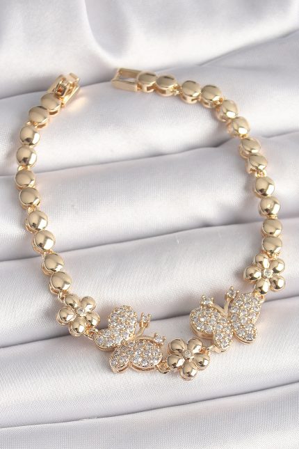 Bouquet Bouqtique Pirinç Gold Renk Zirkon Taşlı Kelebek Figür Çiçek Zincir Model Kadın Bileklik BQT35BB6826