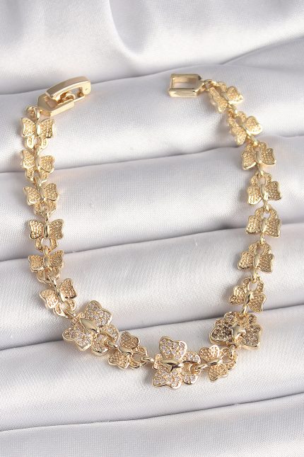 Bouquet Bouqtique Pirinç Gold Renk Zirkon Taşlı Kelebek Model Zincir Kadın Bileklik BQT35BB6834