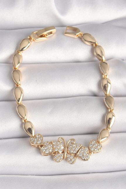 Bouquet Bouqtique Pirinç Gold Renk Zirkon Taşlı Kelebek Figür Damla Zincir Model Kadın Bileklik BQT35BB6840