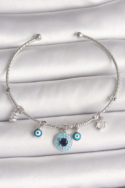Bouquet Bouqtique Pirinç Gümüş Renk Sallantı Zirkon Taşlı Nazar Boncuk Figür Charm Kadın Bileklik BQT35BB6911