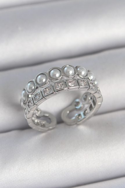 Bouquet Bouqtique Pirinç Gümüş Renk 2'Li Sıra Zirkon Taşlı Ve İncili Ayarlanabilir Kadın Yüzük BQT35BYK3720