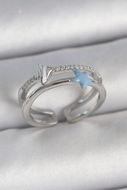 Bouquet Bouqtique Pirinç Gümüş Renk 2'Li Zirkon Taşlı Mavi Yıldız Figür Ayarlanabilir Kadın Yüzük BQT35BYK3738