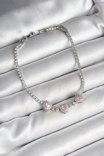 Bouquet Bouqtique Pirinç Sıralı Pembe Kalp Figürlü Zirkon Taşlı Gümüş Renk Kadın Bileklik BQT35BB6982