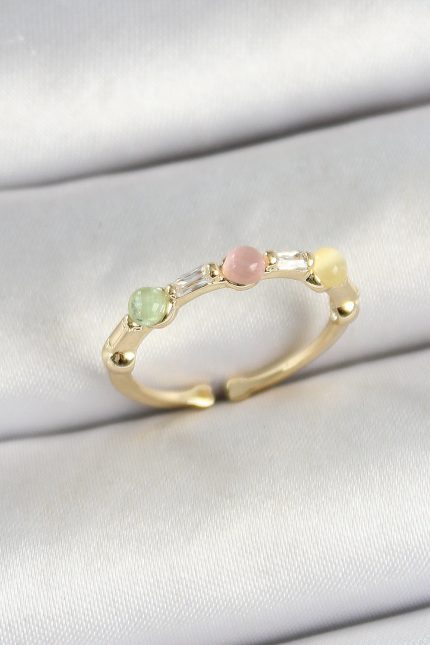 Bouquet Bouqtique Pirinç Sıralı Boncuk Figürlü Zirkon Taşlı Gold Renk Ayarlanabilir Kadın Yüzük BQT35BYK3758