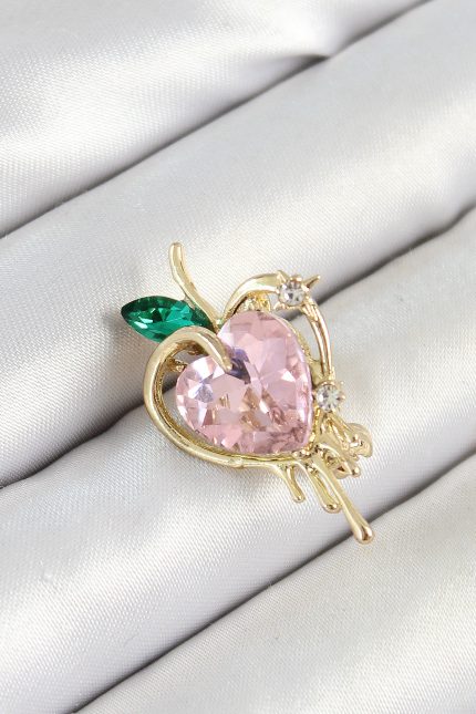 Bouquet Bouqtique Pembe Ve Yeşil Zirkon Taşlı 3D Eriyen Kalp Figürlü Gold Renk Kadın Broş BQT35BR438