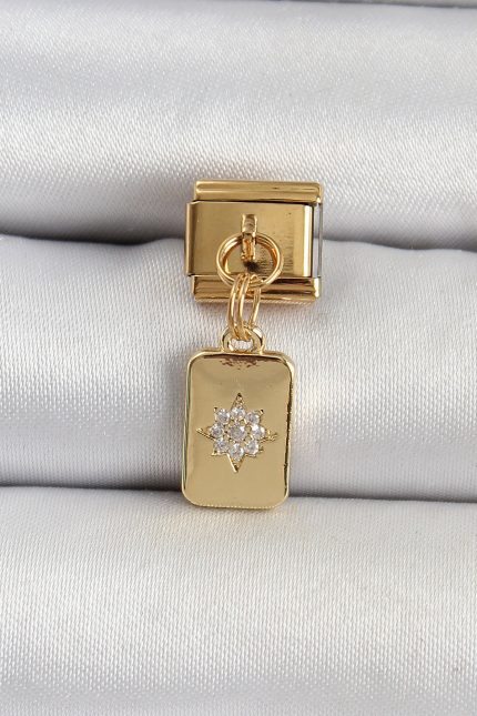 Bouquet Bouqtique 316L Çelik Sallantılı Zirkon Taşlı Kutup Yıldızı Figürlü Dikdörtgen Model Gold Renk Nomination Charm BQT35BC1406