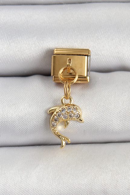 Bouquet Bouqtique 316L Çelik Sallantılı Zirkon Taşlı Yunus Balığı Model Gold Renk Nomination Charm BQT35BC1407