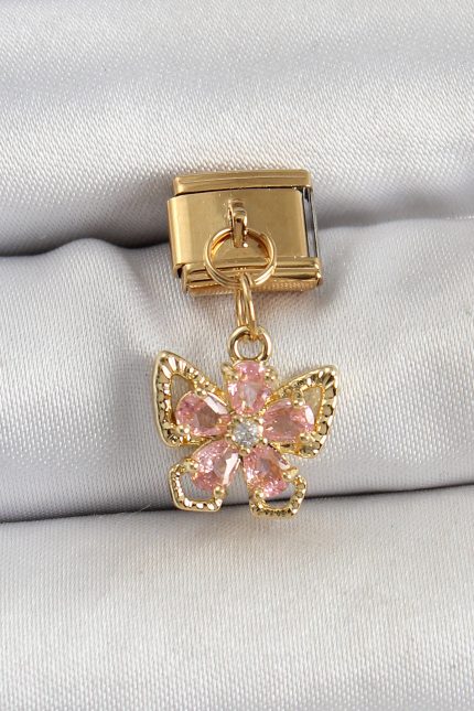 Bouquet Bouqtique 316L Çelik Sallantılı Zirkon Taşlı Çiçek Figürlü Kelebek Model Gold Renk Nomination Charm BQT35BC1419
