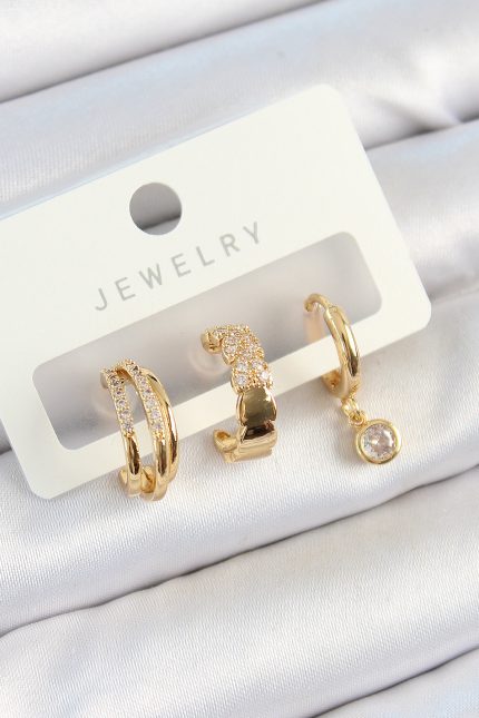Bouquet Bouqtique Pirinç Zirkon Taşlı Halka Model Gold Renk 3'lü Çift Kadın Küpe Set BQT35BKP10826