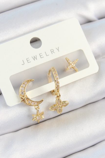Bouquet Bouqtique Pirinç Zirkon Taşlı Çiçek Ve Ay Model Gold Renk 3'lü Çift Kadın Küpe Set BQT35BKP10827