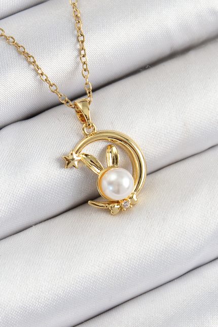 Bouquet Bouqtique 316L Çelik İnci Detaylı Hilal Tavşan Model Gold Renk Kadın Kolye BQT35BKO10347