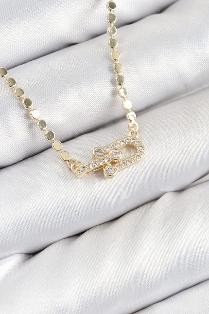 Bouquet Bouqtique Pirinç Zirkon Taşlı Tifany Model Ezme Zincir Gold Renk Kadın Kolye BQT35BKO10393