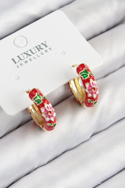 Bouquet Bouqtique Pirinç Gold Renk Kırmızı Çiçek İşleme Mineli Kadın Küpe BQT35BKP11118