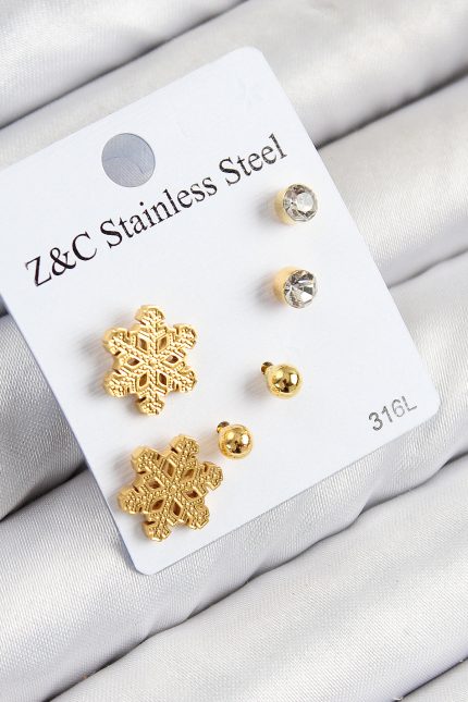 Bouquet Bouqtique 316L Çelik Zirkon Taşlı Kar Tanesi Model Gold Renk Kadın Set Küpe BQT35BKP11122