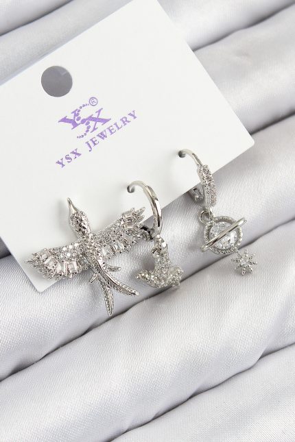 Bouquet Bouqtique Pirinç Zirkon Taşlı 3'lü Kuş Model Gümüş Renk Kadın Küpe BQT35BKP11124