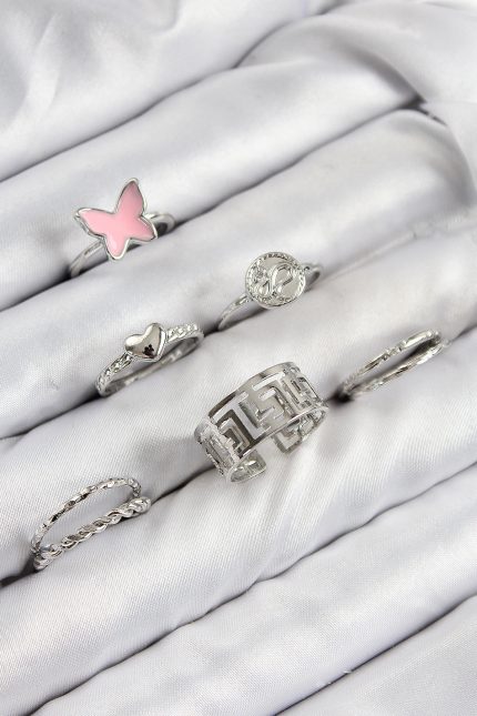 Bouquet Bouqtique Pirinç Kelebek Ve Kalp Model Gümüş Renk Kadın Yüzük Kombin Set BQT35BYK3816