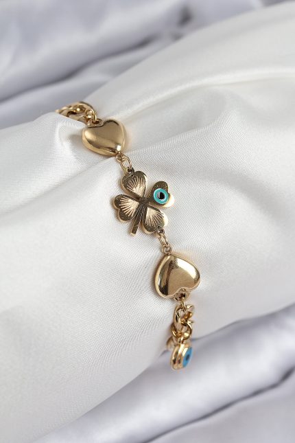 Bouquet Bouqtique 316L Çelik Nazar Boncuk Detaylı Yonca Model Gold Renk Kadın Bileklik BQT35BB7832