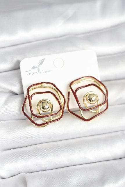 Bouquet Bouqtique Pirinç Gold Renk Bordo Mineli Geometrik Gül Model Kadın Küpe BQT35BKP11374