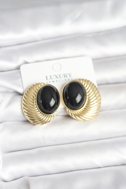 Bouquet Bouqtique Pirinç Gold Renk Siyah Boncuklu Oval Vintage Kadın Küpe BQT35BKP11390