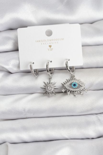 Bouquet Boutique Göz Model Gümüş Renk Pirinç 3'lü Kadın Küpe Seti BQT35BKP11440