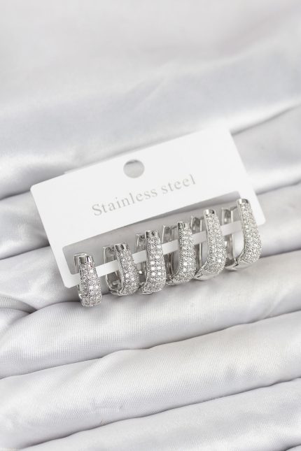 Bouquet Bouqtique 316L Çelik Gümüş Renk Zirkon Taşlı Damla Halka Küpe Seti BQT35BKP11525