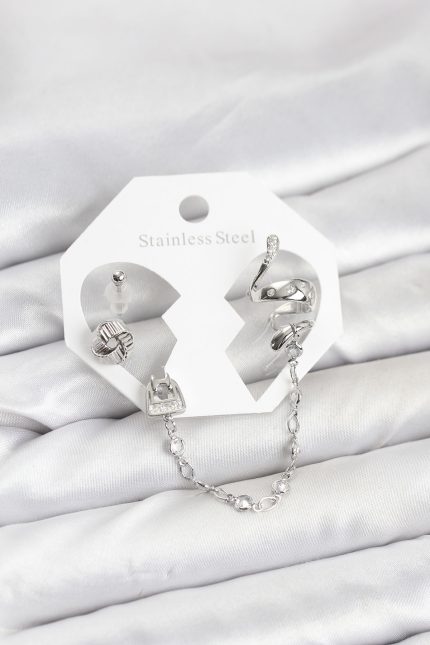 Bouquet Bouqtique Pirinç Gümüş Renk Yılan Model Zincir Bağlantılı Ear Cuff Küpe Seti BQT35BKP11533
