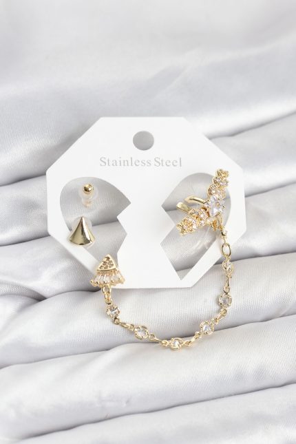 Bouquet Bouqtique Pirinç Gold Renk Yıldızlı Model Zincir Bağlantılı Ear Cuff Küpe Seti BQT35BKP11540