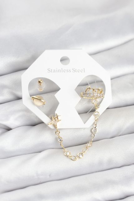 Bouquet Bouqtique Pirinç Gold Renk Uzay Model Zincir Bağlantılı Ear Cuff Küpe Seti BQT35BKP11542