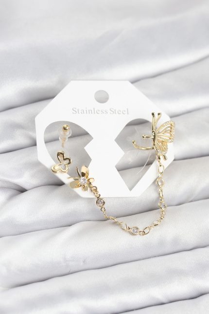 Bouquet Bouqtique Kelebekli Model Pirinç Gold Renk Zincir Bağlantılı Ear Cuff Küpe Seti BQT35BKP11544