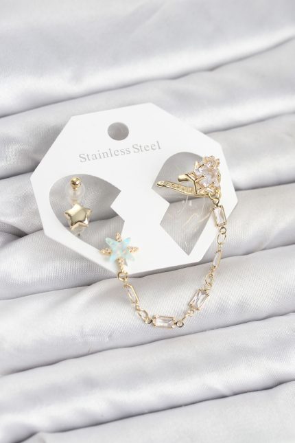 Bouquet Bouqtique Yıldız Model Pirinç Gold Renk Zincir Bağlantılı Ear Cuff Küpe Seti BQT35BKP11545