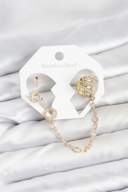 Bouquet Bouqtique Uzay Model Pirinç Gold Renk Zincir Bağlantılı Ear Cuff Küpe Seti BQT35BKP11546