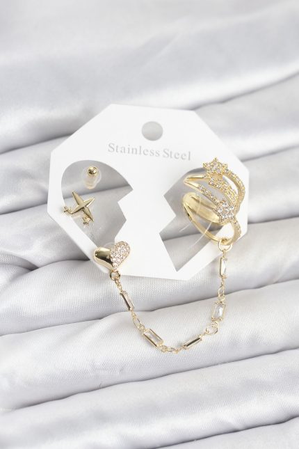Bouquet Bouqtique Kalp Yıldız Model Pirinç Gold Renk Zincir Bağlantılı Ear Cuff Küpe Seti BQT35BKP11547