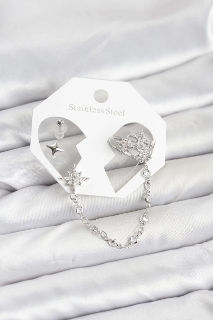 Bouquet Bouqtique Kutup Yıldızı Model Pirinç Gümüş Renk Zincir Bağlantılı Ear Cuff Küpe Seti BQT35BKP11551
