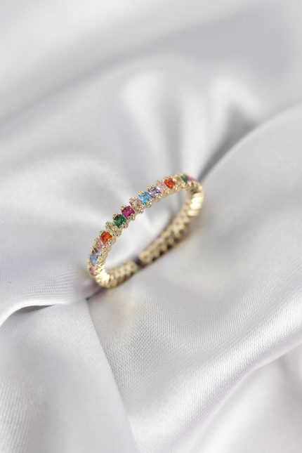 Bouquet Bouqtique Sıralı Karışık Renkli Gold Renk Zirkon Taşlı Kadın Yüzük BQT35BYK3928