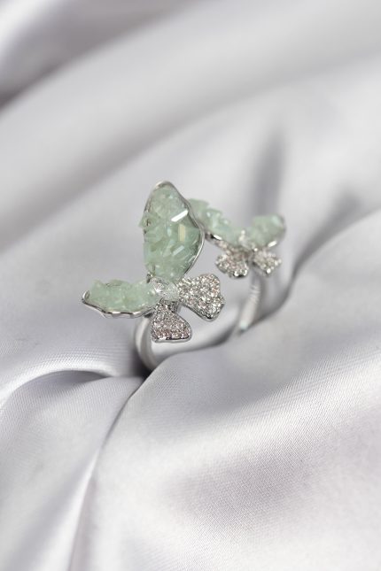 Bouquet Bouqtique Gümüş Renk Su Yeşili Kelebek Model Zirkon Taşlı Kadın Yüzük BQT35BYK3947