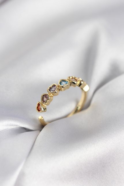 Bouquet Bouqtique Gold Renk Kalp Model Renkli Zirkon Taşlı Kadın Yüzük BQT35BYK3963