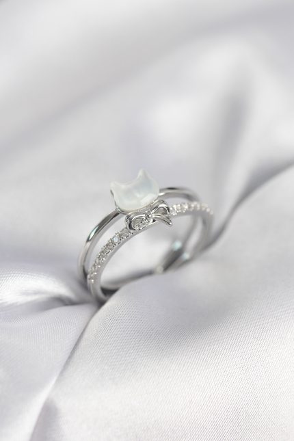 Bouquet Bouqtique Gümüş Renk Sedefli Kedi Model Fiyonklu Zirkon Taşlı Kadın Yüzük BQT35BYK4016