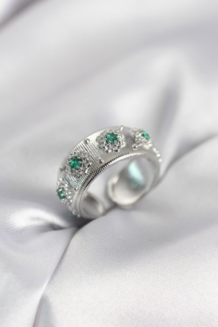 Bouquet Bouqtique Yeşil Zirkon Taşlı Gümüş Renk Vintage Kadın Yüzük BQT35BYK4083