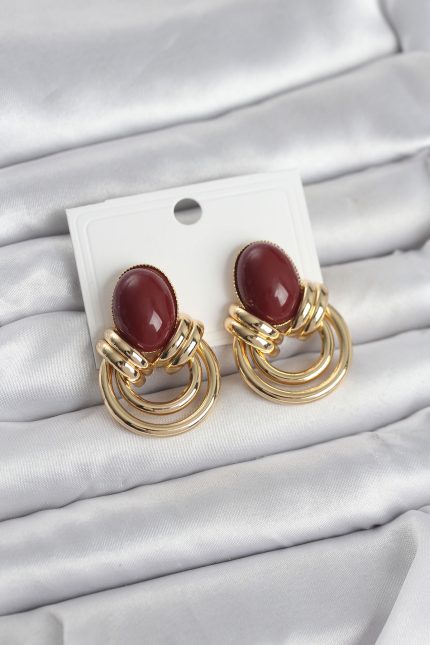 Bouquet Bouqtique Pirinç Gold Renk Bordo Taşlı Vintage Kadın Küpe BQT35BKP11679