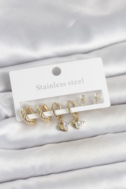 Bouquet Bouqtique 316L Çelik Gold Renk Kalp Detaylı Kadın Küpe Seti BQT35BKP11693