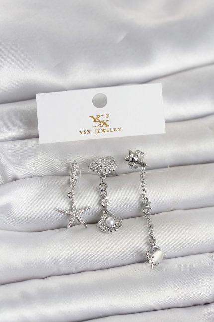 Bouquet Bouqtique Pirinç Gümüş Renk Zirkon Taşlı Deniz Temalı 3'lü Kadın Küpe BQT35BKP11702