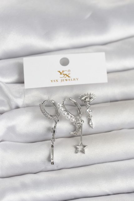 Bouquet Bouqtique Pirinç Gümüş Renk Zirkon Taşlı Gece Temalı 3'lü Kadın Küpe BQT35BKP11704
