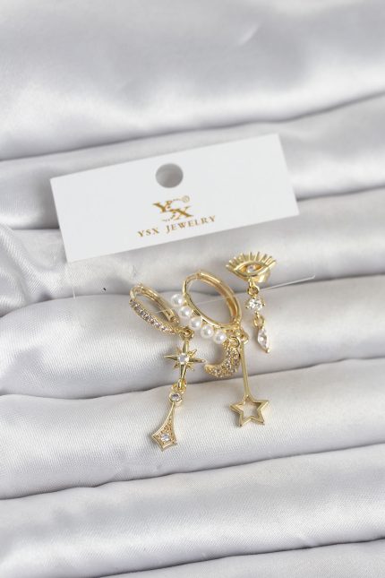 Bouquet Bouqtique Pirinç Gold Renk Zirkon Taşlı Gece Temalı 3'lü Kadın Küpe BQT35BKP11705
