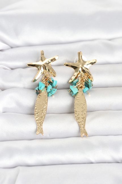Bouquet Boutique Deniz Yıldızı ve Balık Detaylı Mavi Taşlı Gold Renk Kadın Küpe BQT35BKP11794